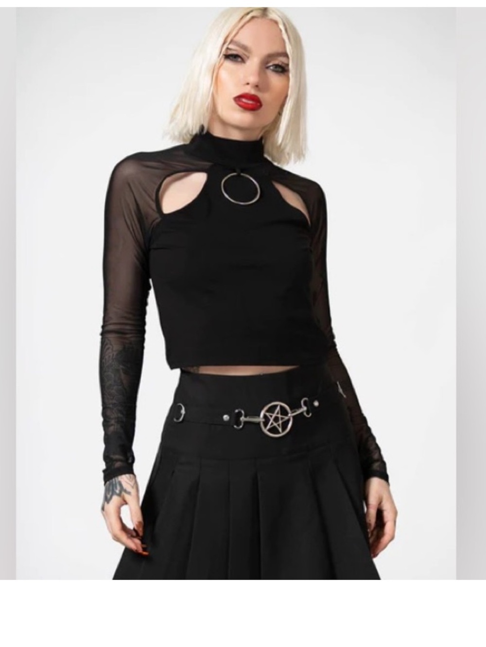KILLSTAR Mystia Long Sleeve Jersey Mesh Net Top Blouse Mock Neck O Ring Black M